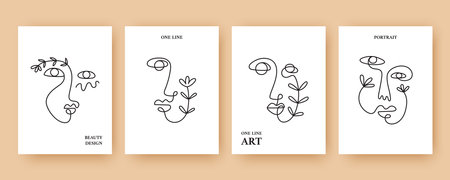 Minimal Abstract backgrounds with Trendy One line drawing facesのイラスト素材