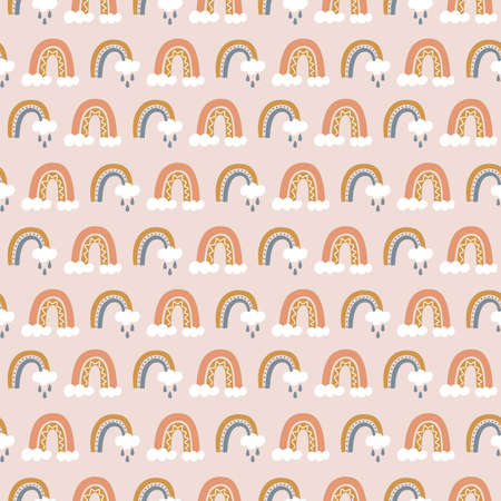 Rainbows boho hand drawn doodles seamless patternのイラスト素材