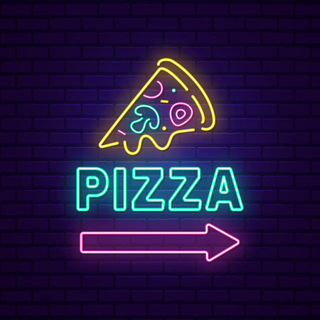 Pizza slice icon neon sign, bright glowing emblemの写真素材
