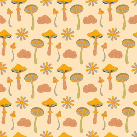 Cute Mushrooms 70s style seamless patternのイラスト素材