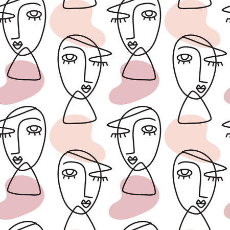 People one line drawing women faces seamless patternのイラスト素材
