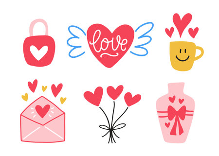 Hand drawn romantic shapes doodles setのイラスト素材