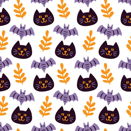 Halloween Black cats, Bats Silhouettes, Vector Seamless Pattern Textureのイラスト素材