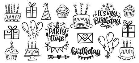 Birthday Party decoration doodle sketch setのイラスト素材