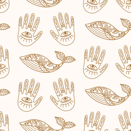 Ethnic seamless pattern with hands and magic whalesのイラスト素材
