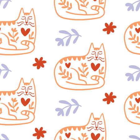 Trendy Folk art Cats Seamless Patternのイラスト素材