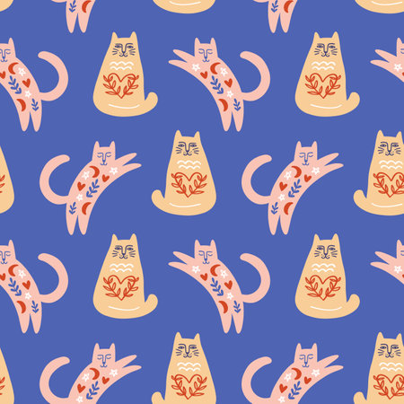 Trendy Folk art Cats Seamless Patternのイラスト素材