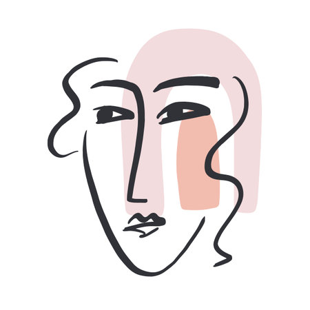 Woman face trendy minimal sketch drawing. Mid century modern minimalism female portrait artworkのイラスト素材