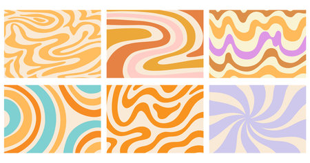 Retro Groovy Background, Trendy 70s Wavy Cover Set