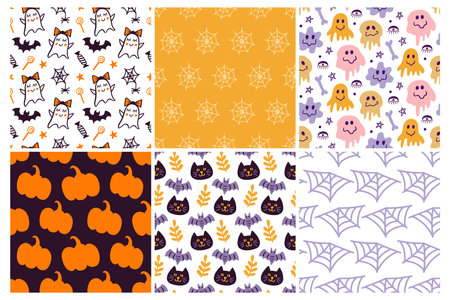 Halloween Cute Vector Seamless Pattern Texture Setのイラスト素材