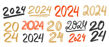 Happy new year 2024 set design elements collectionのイラスト素材