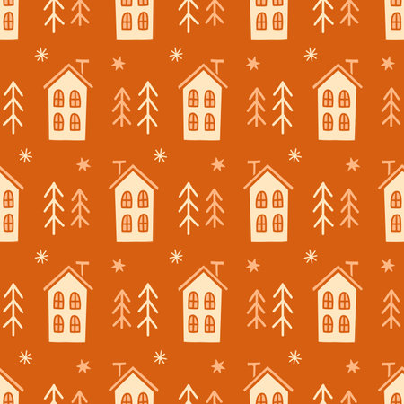Christmas Seasonal Houses Vector Seamless Patternのイラスト素材
