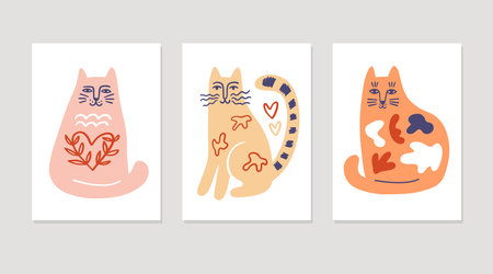Artistic Hand drawn Cute Cat Set Retro Styleのイラスト素材