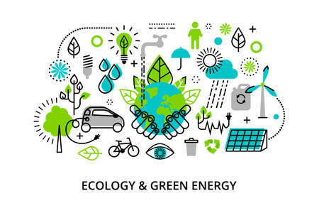 Modern flat thin line design vector illustration, infographic concept of ecology problem, generation and saving green energy  for graphic and web designのイラスト素材