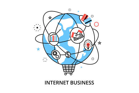 Modern flat thin line design vector illustration, infographic concept with icons of online business, internet marketing idea, office and finance objects on modern background for graphic and web designのイラスト素材
