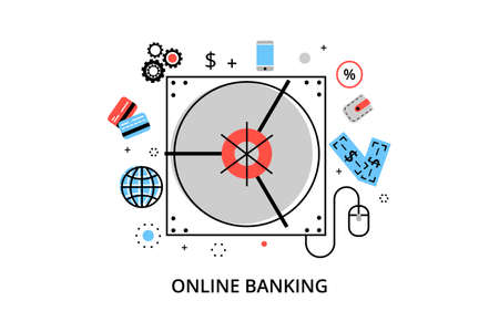 Modern flat thin line design vector illustration, infographic concept of online banking, internet money operations and payment transations, for graphic and web designのイラスト素材