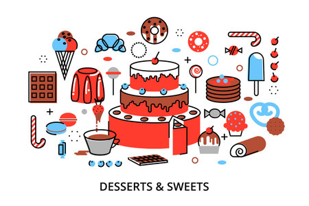 Modern flat thin line design vector illustration, concept of sweet desserts, cake and chocolate, for...