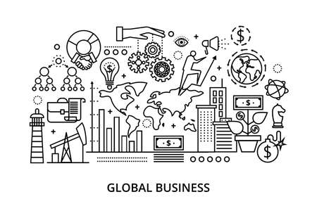 Modern flat thin line design vector illustration, concept of global business process and finance success in the world, for graphic and web designのイラスト素材