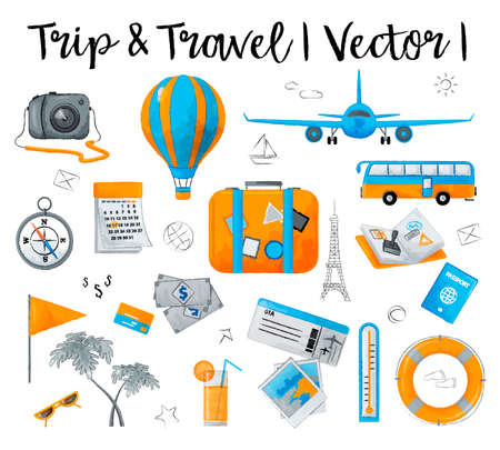 Watercolor design vector illustration, concept of travelling around the world, journey and trip to other countries, for graphic and web designのイラスト素材