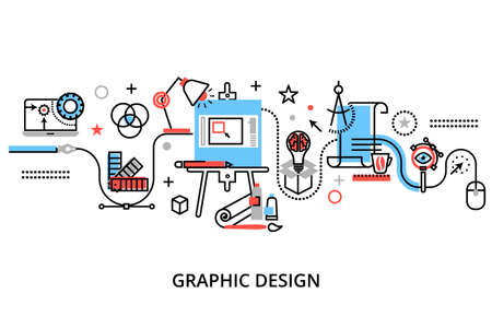 Modern flat thin line design vector illustration, infographic concept of graphic design, designer items and tools, and design development process, for graphic and web designのイラスト素材