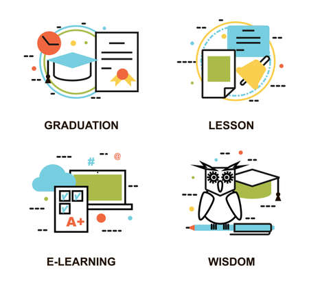 Modern flat thin line design illustration, set of education concepts, gradution, school lesson, e-learning process and wisdom abstract, for graphic and web designのイラスト素材