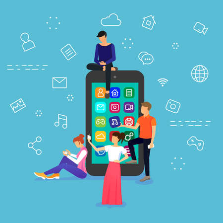 Vector flat design illustration of young people are standing near big smart phone and using own phones, on blue backgroundのイラスト素材