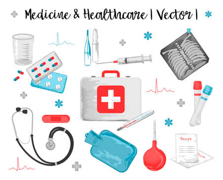 Vector watercolor icons set of medicine and healthcare objects such as thermometer, pills, stethoscope, syringe, first aid kit, test-tube, red patch, recipe, enema, warming pan, cardiogram and x-rayのイラスト素材