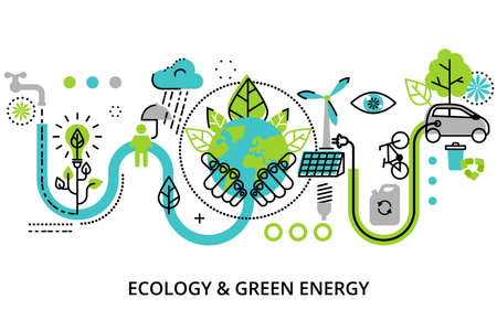 Modern flat thin line design illustration, infographic concept of ecology problem, green energy and alternative fuel, for graphic and web design.のイラスト素材