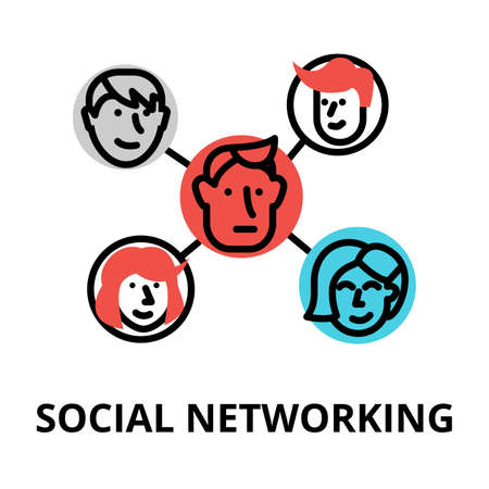 Modern flat thin line design vector illustration, concept of social networking, for graphic and web designのイラスト素材