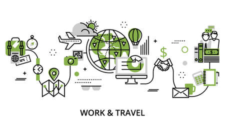 Modern editable line design vector illustration, concept of work and travel in greenery color, for graphic and web designのイラスト素材