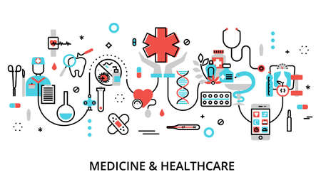 Modern flat thin line design vector illustration, concept of medicine and healthcare, first aid, medical equipment and medicament cure, for graphic and web designのイラスト素材
