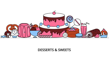 Modern flat thin line design vector illustration, concept of sweet desserts, cake and chocolate, for...