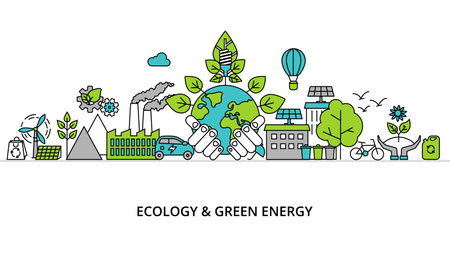 Modern flat thin line design vector illustration, infographic concept of ecology problem, generation and saving green energy  for graphic and web designのイラスト素材