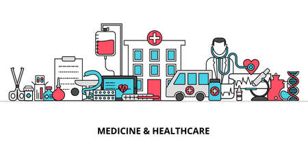 Modern flat thin line design vector illustration, concept of medicine and healthcare,  first aid, medical equipment and medicament cure, for graphic and web designのイラスト素材