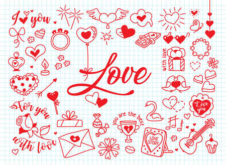 Love composition in doodle style. Vector illustration on cells backgroundのイラスト素材