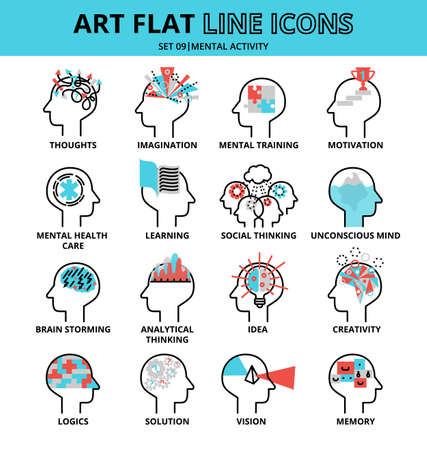 Set of human mental activity icons, flat thin line vector illustration, for graphic and web designのイラスト素材