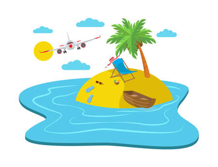Airplane flying over the island with a beach, travelling abstract concept, 3d isometric vector illustration for web designのイラスト素材
