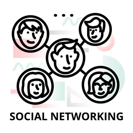 Modern flat thin line design vector illustration, concept of social networking on abstract background, for graphic and web designのイラスト素材