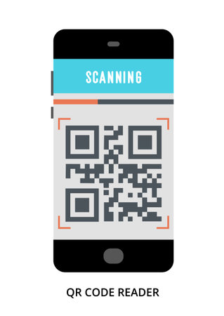 QR Code Reader concept on black smartphone with different user interface elements, flat vector...