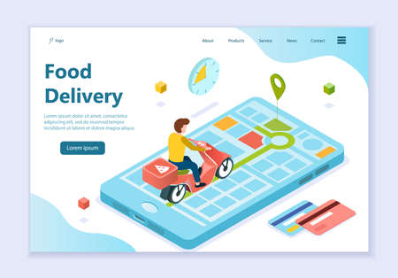 Concept of food delivery, web template, 3d isometric vector illustration for graphic and web designのイラスト素材