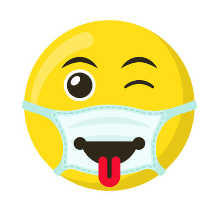 Yellow emoticon and emoji smile in the medical mask, flat vector illustrationのイラスト素材