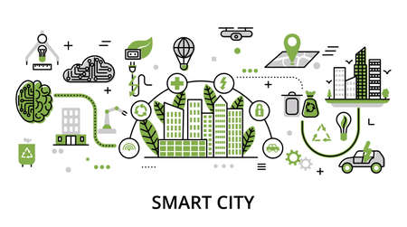 Smart City concept, flat line design vector illustration, for graphic and web designのイラスト素材