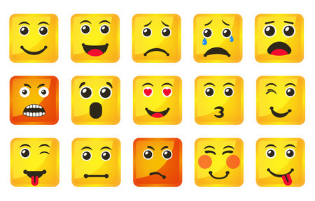 Set of Yellow Square Smiles icons, vector illustration in flat style close-upのイラスト素材