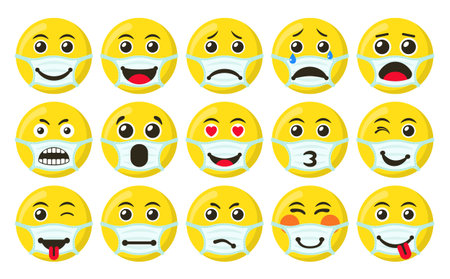 Set of Yellow Smiles icons in the medical mask, flat vector illustration, for graphic and web designのイラスト素材