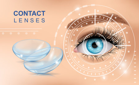 Contact Eyes Lenses with Human Eye, realistic vector illustration close-upのイラスト素材