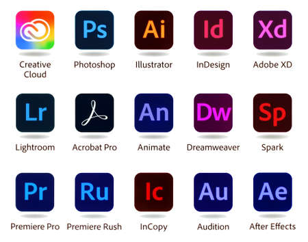 Kyiv, Ukraine - September 27, 2021: Set of popular Adobe apps icons: Creative Cloud, Photoshop, Illustrator, InDesign, Adobe XD and others, printed on paperのeditorial素材
