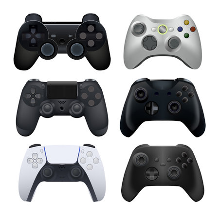 Set of Gamepads for Play Consoles and PC Video Games, realistic vector illustration close-upのイラスト素材