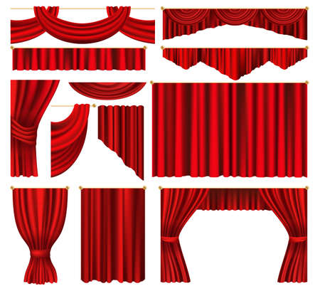 Set of red luxury curtains and draperies on white background, realistic vector illustration close-upのイラスト素材