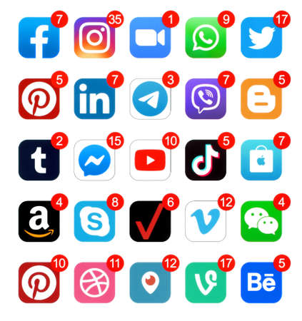 Kiev, Ukraine - February 08, 2022: Popular social media and other app icons with notifications, such as: Facebook, Pinterest, Blogger, Telegram, Tumblr, etc.のeditorial素材