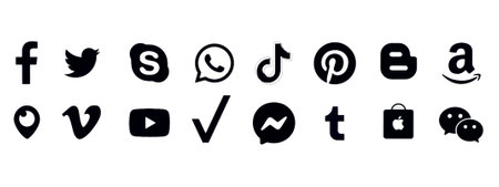 Kiev, Ukraine - February 08, 2022: Set of black popular social media signs, such as: Facebook, Instagram, Zoom, Youtube, Tiktok, WhatsApp, Twitter, and othersのeditorial素材